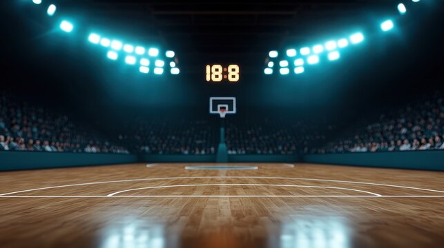 Basketball Court View with Scoreboard and Audience in Background