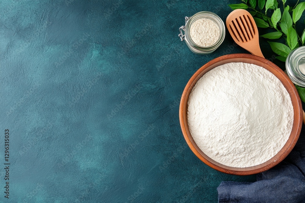 Aufkleber Photo of a bowl and jar with flour on a dark blue background, top view for a banner template design. Web banner concept. Flat lay style. Black table surface with space around the objects. The