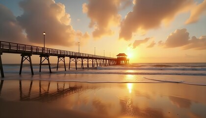 Obraz premium Wooden pier extending into ocean at sunset