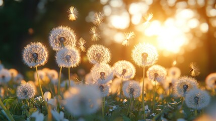 Sunset Dandelion Field, Seeds Floating