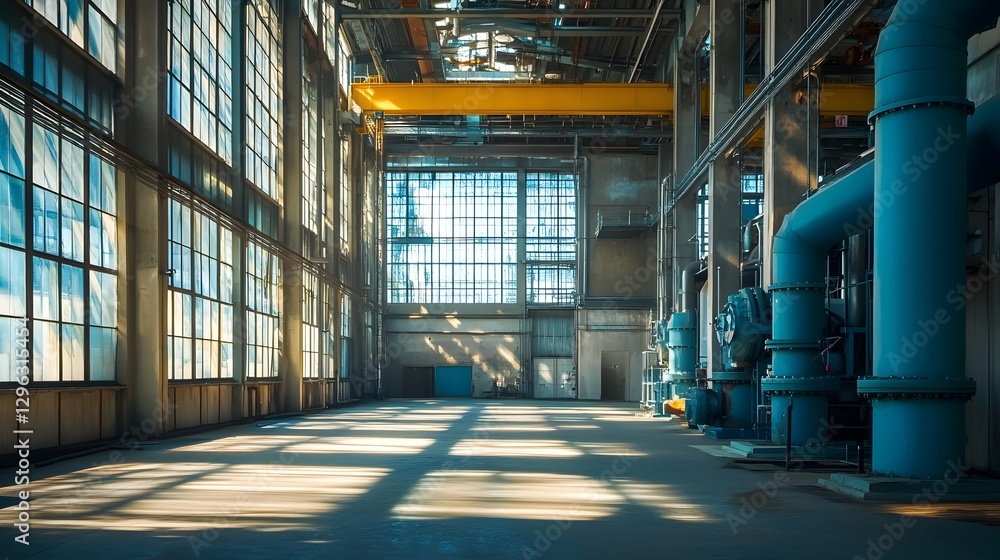 Poster a large industrial building with a lot of pipes and a lot of windows. the building is empty and the 
