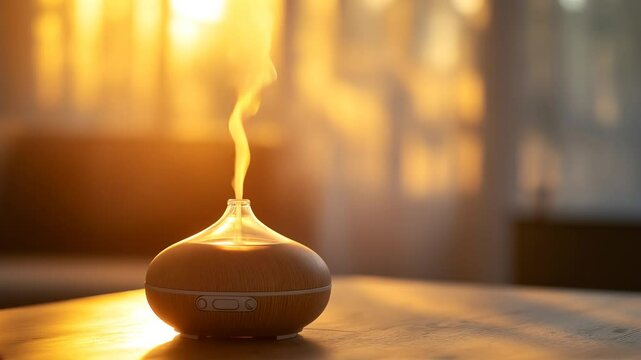 Sunlight streams on a wooden table showcasing an aromatherapy diffuser releasing fragrant steam into the air, promoting calming and relaxing atmosphere, copy space