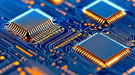 A circuit board is abstractly shown with glowing lights, illustrating its complex electronic pathways and connections