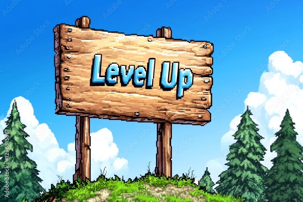 Poster Pixel art game style: A billboard with the text 