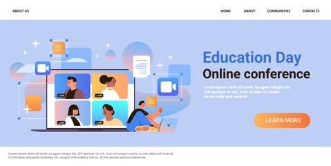 mix race students group discussing during online video call on laptop screen virtual conference education day live webinar e-learning concept