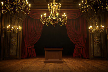 Fototapeta premium A grand Victorian opera house 3D background featuring an elegant wooden podium on a dimly lit stage. Plush red curtains frame the dramatic scene, while golden chandeliers cast a warm glow over the