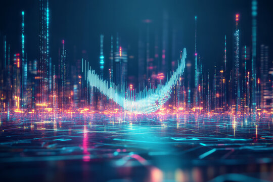 A futuristic 3D music background with a levitating, neon-lit waveform hovering above a digital cityscape. The pulsating light ripples outward, forming an abstract visualization of synchronized sound