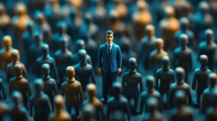 Obraz premium A charismatic leader, clad in crisp blue, stands amidst a sea of wooden figures, each representing an individual member of his team. The scene symbolizes leadership, business, and the collaborative