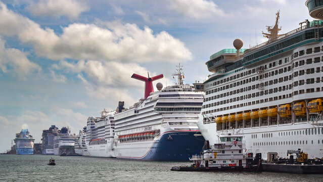 Miami, Florida, USA - 1 December 2023: Cruise ships docked in the Port of Miami, which is the world's busiest cruise ship port