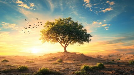 Fototapeta premium Solitary Tree at Sunset: A Serene Landscape