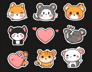 A set of cute animal stickers, with different expressions 