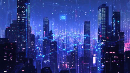 Futuristic city at night, digital network, glowing skyline, data flow, technology concept