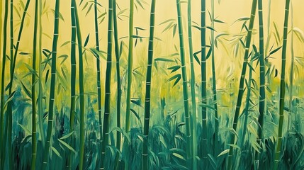 A tranquil bamboo forest scene with vibrant green stalks reaching high above, creating a calming and meditative natural setting