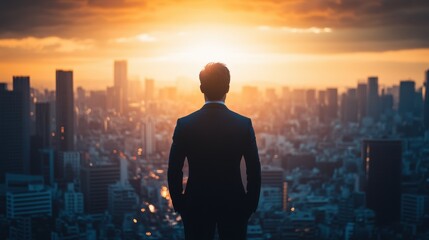 A businessman in a sleek, modern suit, his gaze fixed intently on an unseen horizon, stands silhouetted against the backdrop of a bustling cityscape, his face a study in focused determination.