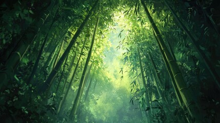 Naklejka premium Vibrant green bamboo stalks in a tranquil forest, stretching high into the sky and creating a peaceful, nature-filled ambiance