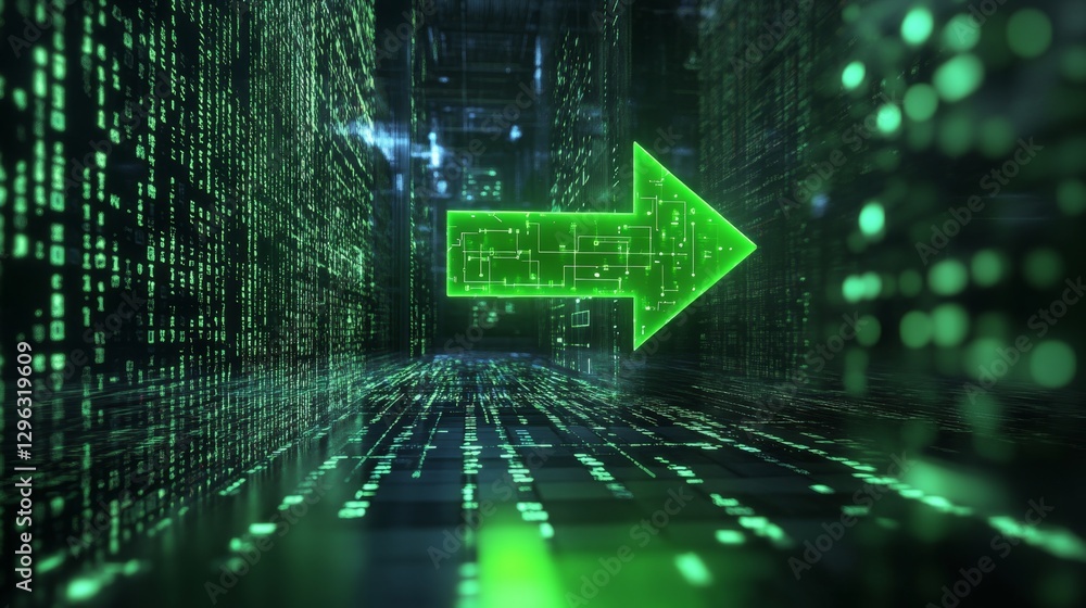 Poster futuristic 3d rendered green arrow icon floating in digital space