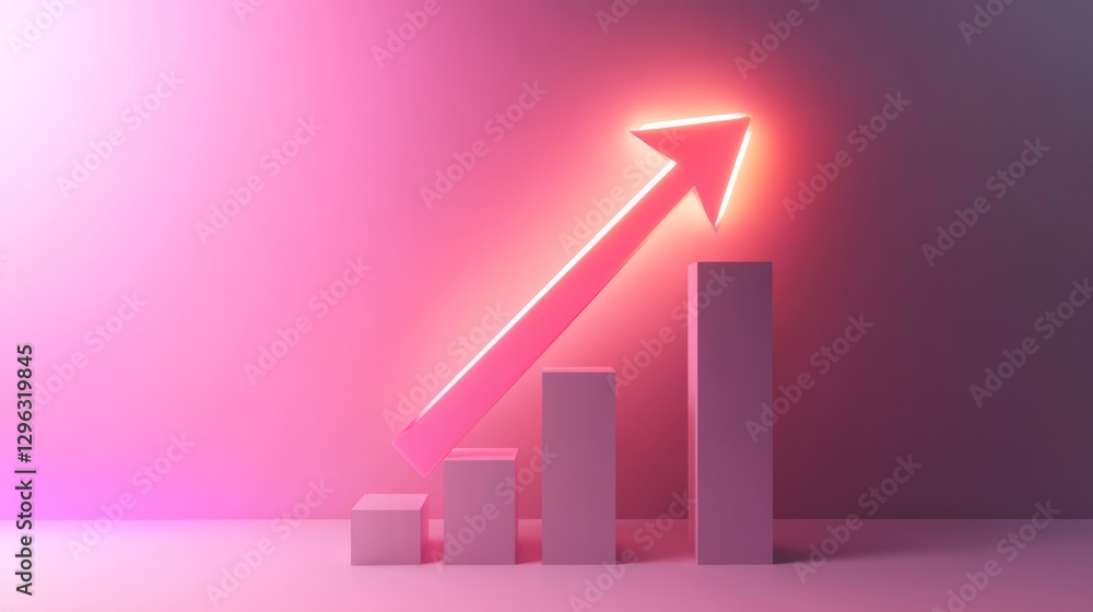 Poster modern 3d render of upward arrow and bar graph on pink background