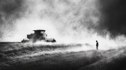 Solitary figure in a dust-filled field, watching a combine harvester at work.