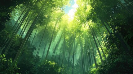 Obraz premium A peaceful bamboo forest with tall, slender stalks reaching toward the heavens, creating a natural green canopy overhead