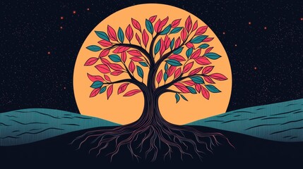 Vibrant Tree with Colorful Leaves Against a Round Orange Moon