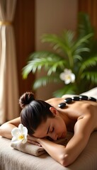 High-angle view of a young woman enjoying a hot stone therapy session on a massage bed at a spa and wellness center

