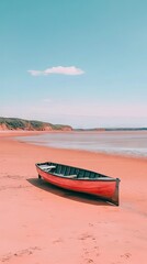 Fototapeta premium Pink beach with a red boat; tranquil coastal scene; peaceful atmosphere; great for prints, posters, or backgrounds