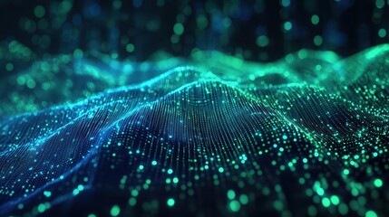 A vibrant canvas pulsates with the energy of the future. Green and blue gradients converge to form a dynamic circuit, symbolizing the intricate network of cyber technology. Data streams cascade down