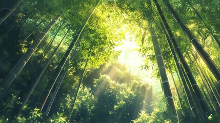 Fototapeta premium A serene bamboo forest scene with vibrant green stalks reaching toward the sky, sunlight filtering through to create golden highlights