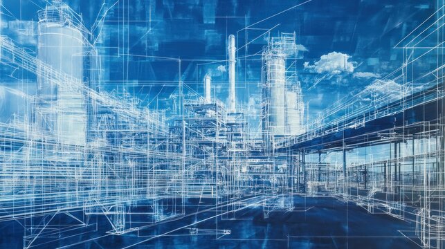Industrial plant blueprint, daytime sky, design concept