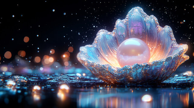 large white pearl is nestled inside open, glowing shell surrounded by sparkling water droplets, creating magical and enchanting atmosphere