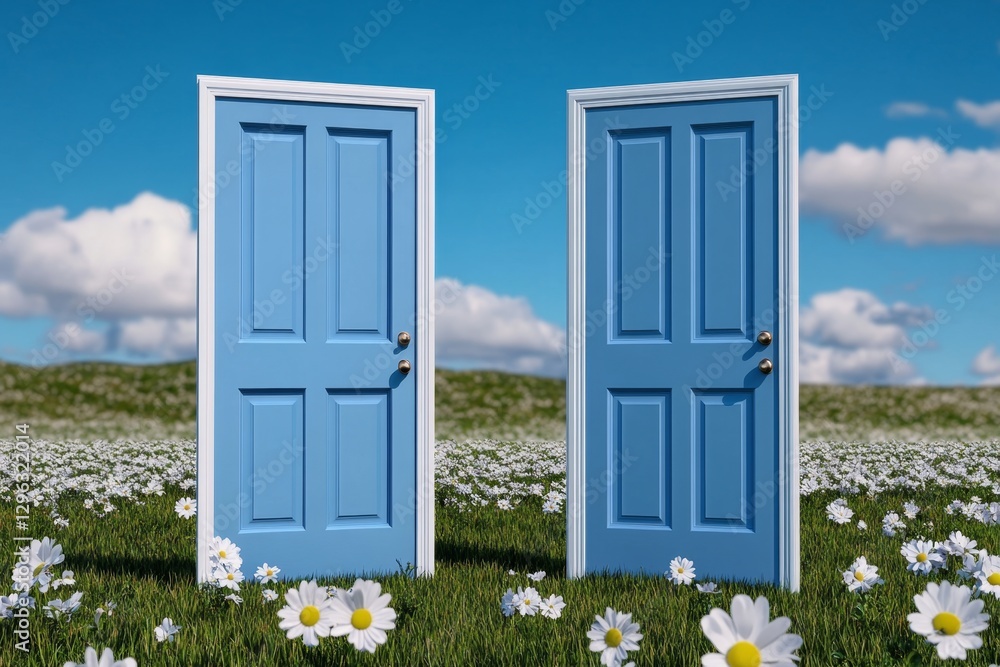 Poster two white doors stand side by side in the middle of an open field, with a beautiful blue sky and clo