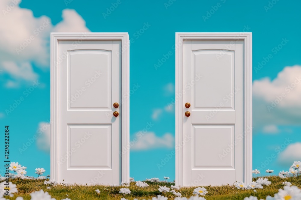 Poster two white doors stand side by side in the middle of an open field, with a beautiful blue sky and clo