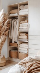 Neatly arranged cloth boxes and baskets fill a wooden shelf, providing stylish storage against a clean white wall