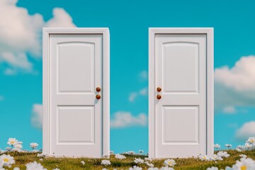 Two white doors stand side by side in the middle of an open field, with a beautiful blue sky and clouds above. White flowers are scattered everywhere, creating a surreal scene