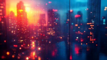 Document management system concept with blurred city lights, featuring modern office technology and digital workflow in urban environment