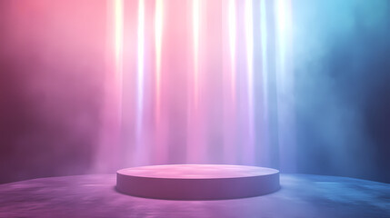 Pink and Blue Lighted Platform in Smoky Setting
