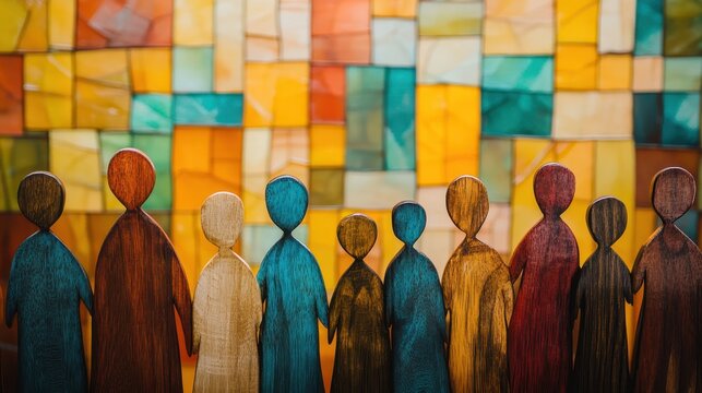 A vibrant tableau of diverse wooden figures, symbolizing social inclusion, diversity, and solidarity, stands against a backdrop of warm, inviting colors, evoking a sense of community and unity.