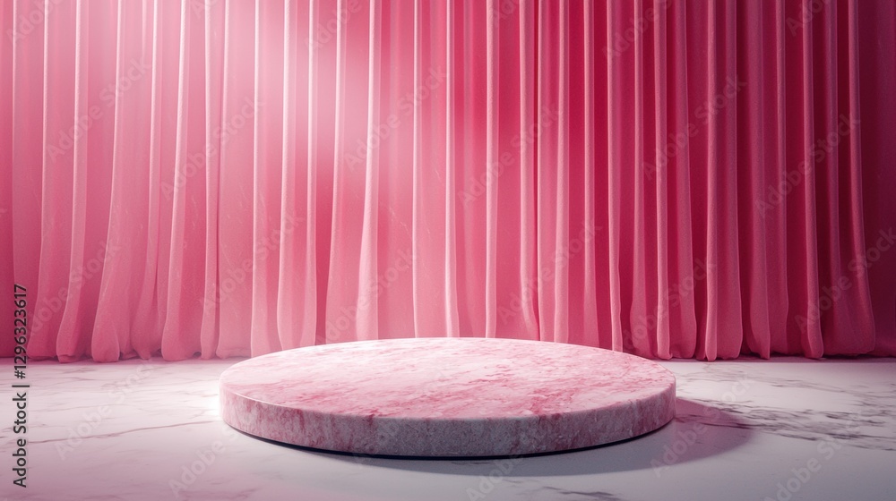 Poster empty red draped podium surrounded by soft curtains in a minimalist setting