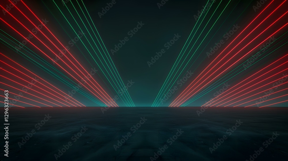 Poster a dark, flat surface is illuminated by converging red and green laser beams emanating from a distant