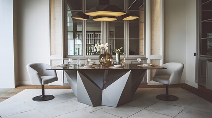 Chic dining area with a modern, geometric table, stylish chairs, and overhead lighting.
