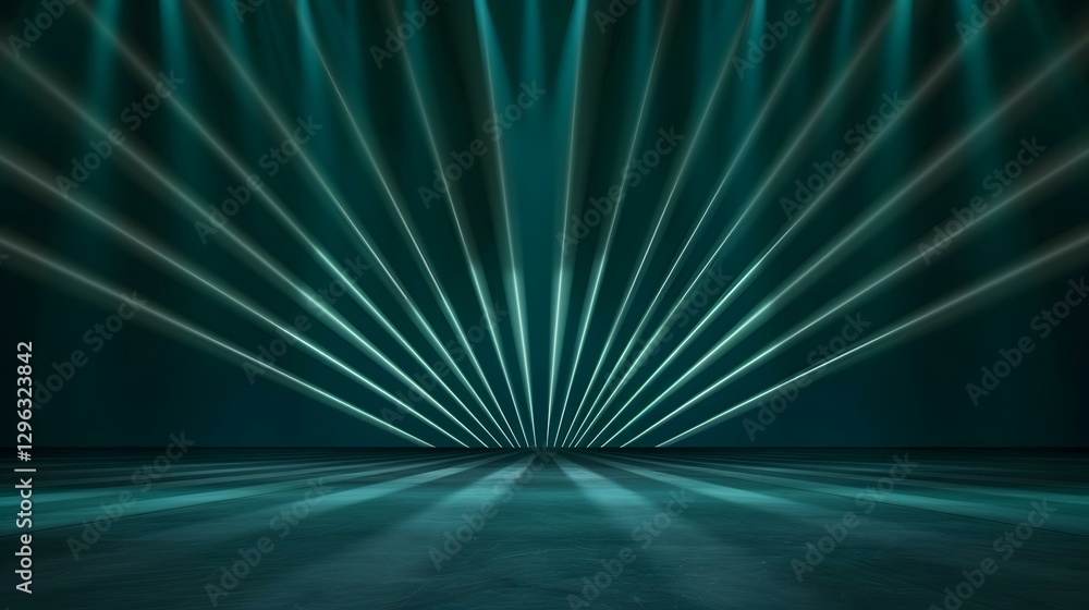 Aufkleber the image shows a dark teal room with multiple light beams emanating from a central point on the flo