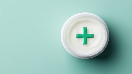 Obraz premium Serum or cream that nourishes and restores skin hydration with a green plus icon. Skincare trends. Anti-aging treatment.