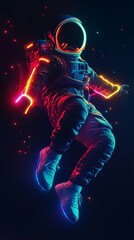 Fototapeta premium A vibrant, floating astronaut in space, surrounded by a spectrum of dazzling colors, symbolizing exploration, freedom, and the infinite possibilities of the universe. This concept captures the awe-ins