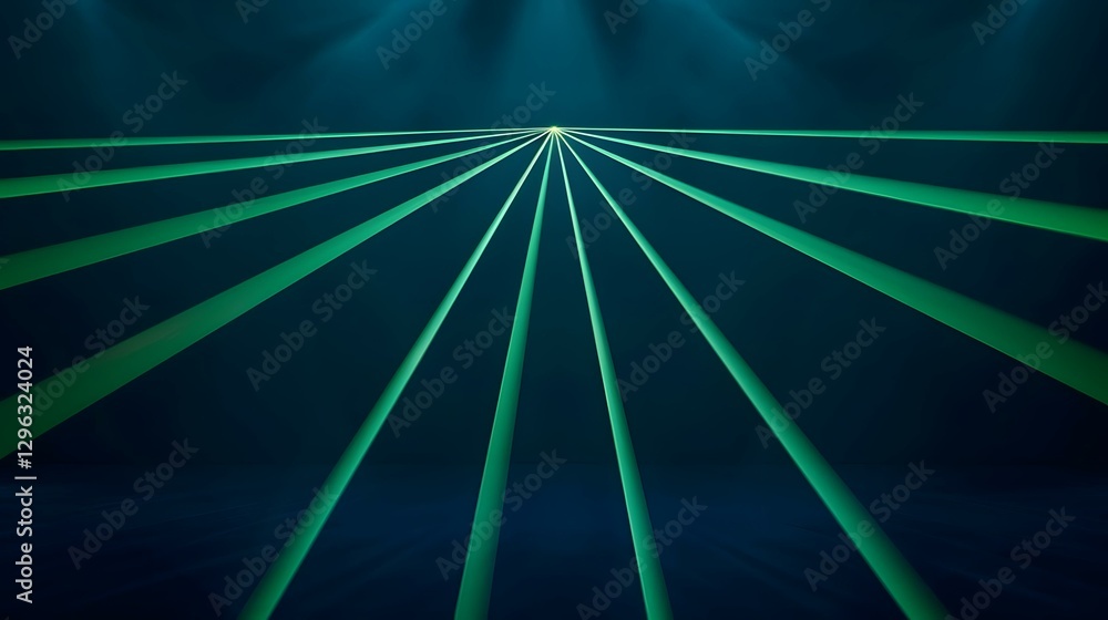 Poster the image contains multiple teal-green laser beams emanating from a central point and converging on 