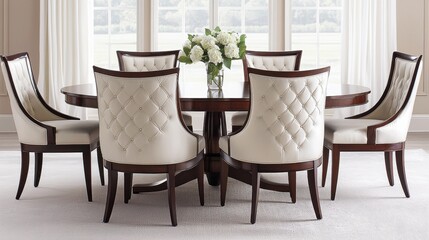 Elegant Round Dining Table with Stylish Upholstered Chairs and Flowers