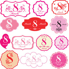 8 march. Women's Day. Set Retro Tag isolated on White background. Vector Illustration