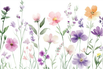Simple watercolor illustration, spring wild flowers on white background. Different delicate flowers, plants, leaves and grass. Aquarelle sketch. Blurred paint stains.