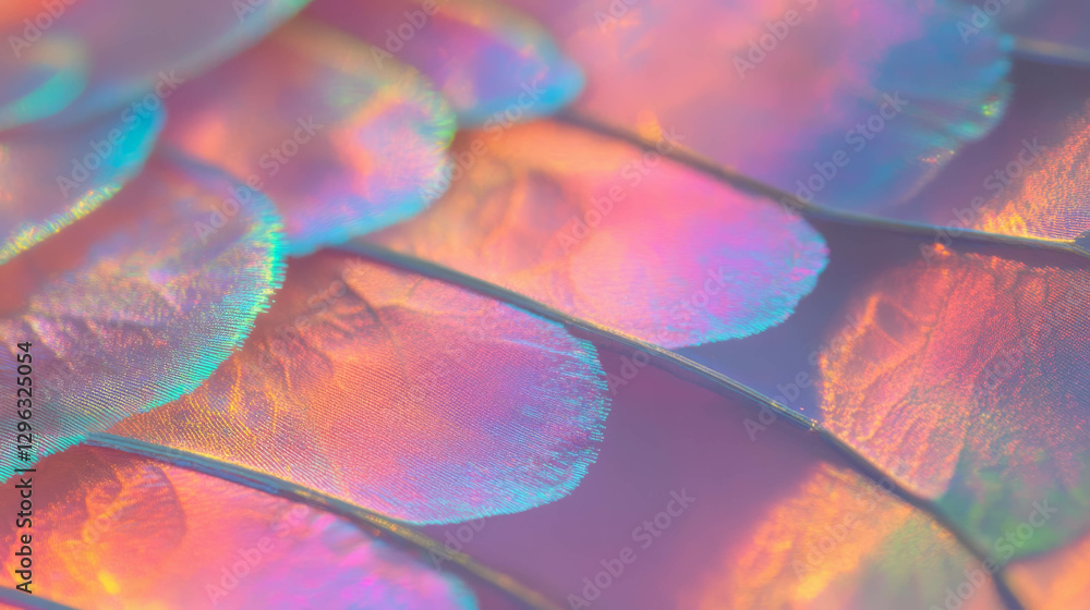 Poster iridescent butterfly wing close-up showing vivid colors and texture for nature and art design