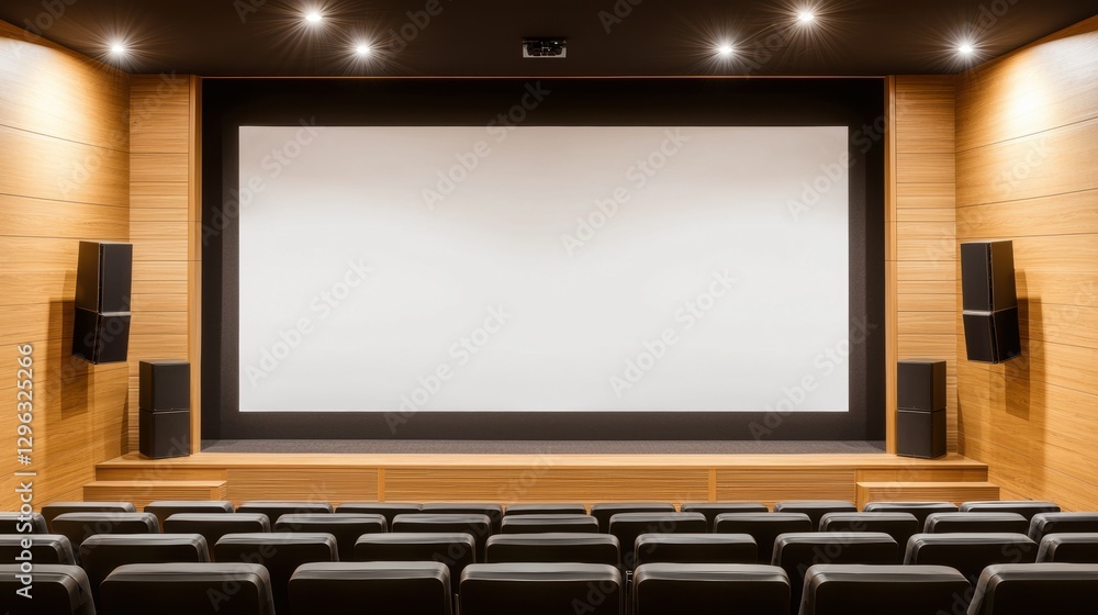 Poster spacious cinema hall with empty rows and large screen in modern design