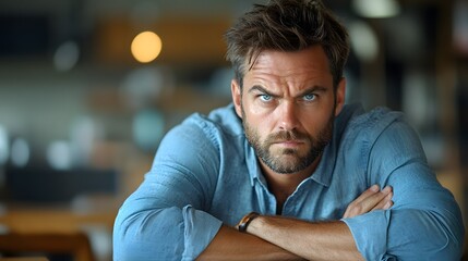 Obraz premium Frustrated office worker sitting at a desk with arms crossed in a modern workplace, 8K high-quality clear photo
